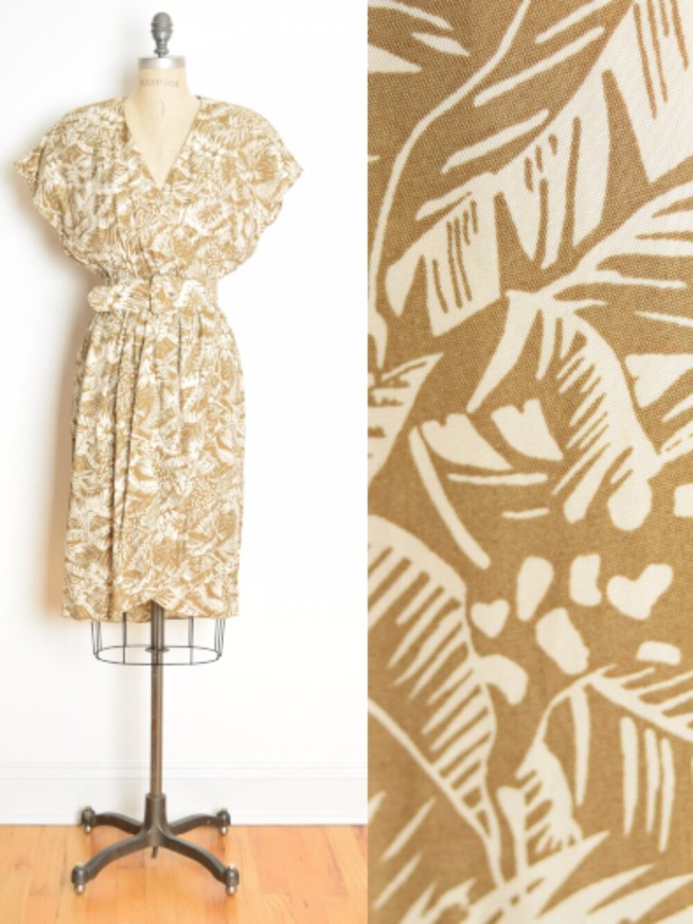 vintage 80s dress GIRAFFE print palm safari faux-wrap khaki belted midi M